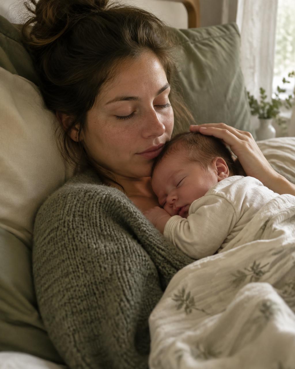 A mother tenderly kissing her sleeping newborn by a sunlit window